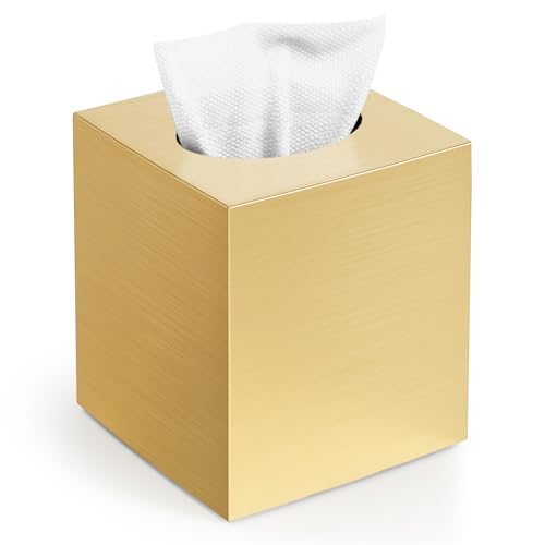 Tissue Box Cover Square Modern Facial Acrylic Tissue Holder Napkin Dispenser Accessories for Bathroom Vanity Countertop Bedroom Dresser Night Stand Desk Office(Gold)