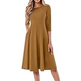 Robe Longue Boheme Chic,Robe Longue Ample À Encolure Ronde Manches Trois-Quarts Grande Taille Coupe A avec Poches（XL,04-Brun Clair）