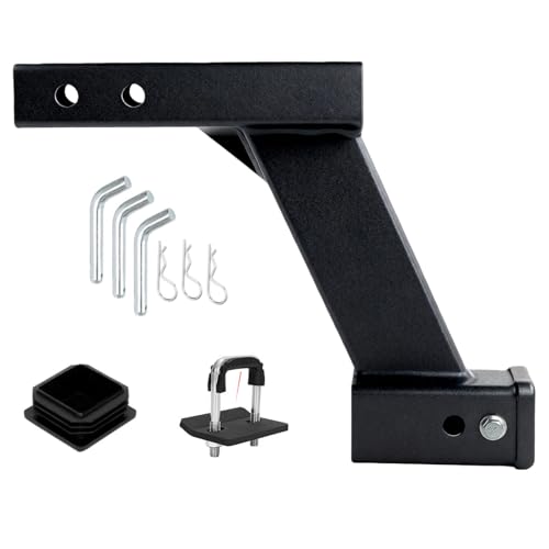 10-Inch Hitch Receiver Extension Riser 10000lbs Trailer Hitch Adapter Adjustable Hitch 2 Inch Receiver with Stabilizer 9 or 11 Length Adjustable 3-Pack Hitch Pins and Universal Trailer Cap