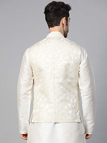 Image of MANQ Men Cream Woven Jaquard Silk Nehru Jacket (Size:34)