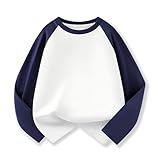 AngelBabies Kinder Langarm T-Shirt Bequemes Oberteil aus Reiner Baumwolle Rundhals Unterhemd Unisex Pullover für Jungen und Mädchen Zweifarbiges Design Frühling & Herbst, Marineblau, 150/8-9 Jahre