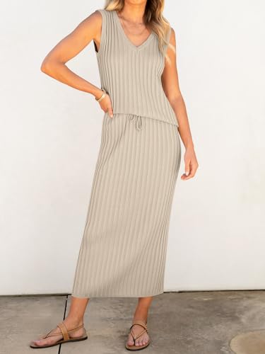 Image of Women's 2 Piece Outfits Summer Sweater Skirt Sets Casual Sleeveless V Neck Ribbed Vest Knit Tops Midi Dress