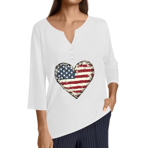 Image of 4th of July Shirts Women 3 /4 Length Sleeve Womens Tops Henley Neck Casual Patriotic T Shirts