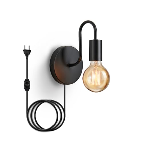 Lightess Lampada da Parete Interni con Dimmerabile Interruttore e Spina, Applique da Parete Vintage Industriale E27 Applique Muro Metallo per Corridoio Soggiorno Nero