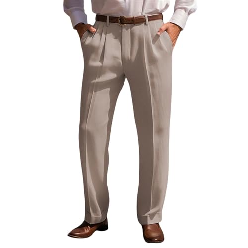 Mens Dress Trousers Cotton Linen Pleat Front Straight Leg Casual Classic Regular Fit Pant Solid Yoga Vacation Pants