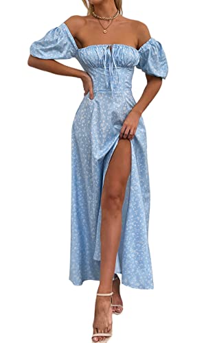 Image of KUTUMAI Women Summer Puff Sleeve Off Shoulder Floral Flowy Long Maxi Dress