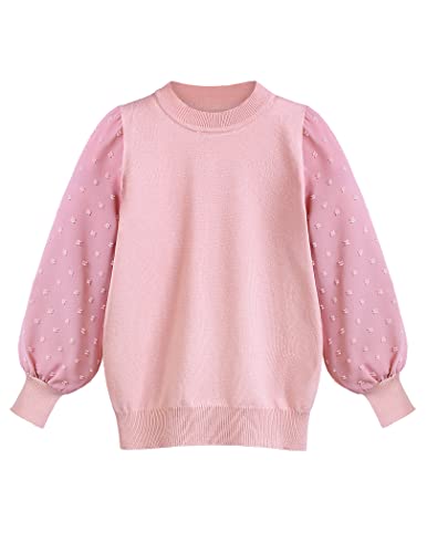 Arshiner Girls Puff Long Sleeve Sweaters Crewneck Lace Polka Dot Casual Knit Tops Pullover Jumper Outwear For Kids Pink #TOP4