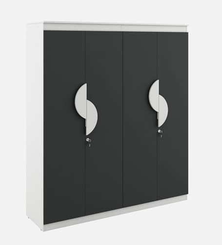 Image of Alton 4 Door Wardrobe | Engineered Wood | Slate Grey Finish | Multi-Shelf Storage with Drawers & Locker | Modern & Spacious | Knock-Down Delivery | 3-Year Warranty