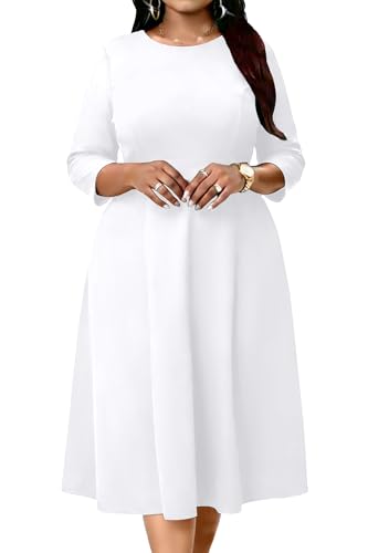 Image of Runwind Women's Plus Size Midi Dress Classy High Waist Wedding Guest Dress Casual Crew Neck 3 /4 Sleeve A-Line Swing Dresses