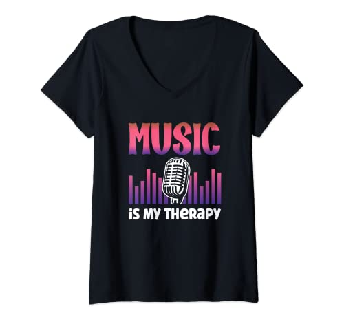 Damen Music Is My Therapy Band Musician T-Shirt mit V-Ausschnitt