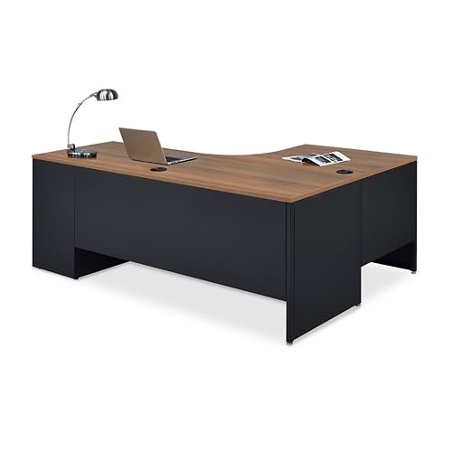 nbf signature series Carbon L Shaped Desk with 3-Drawer Pedestal and Left Return 72\" Wx48 D Planed Teak - Ergonomic Computer Office Corner Working PC Desk - Thumbnail 2