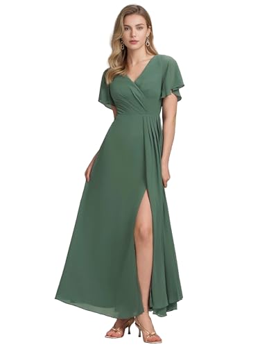 Ever-Pretty Women's V Neck Ruffles Short Sleeve Floor Length Pleated Chiffon Floor Length Formal Dress 0050-PH