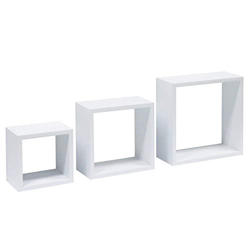 Invero® Set of 3 White Cube Shaped Floating Wooden Wall Mounted Display Decorative Shelves Ideal for all Offices, Living Rooms, Kitchens, Hallways, Bedrooms and more