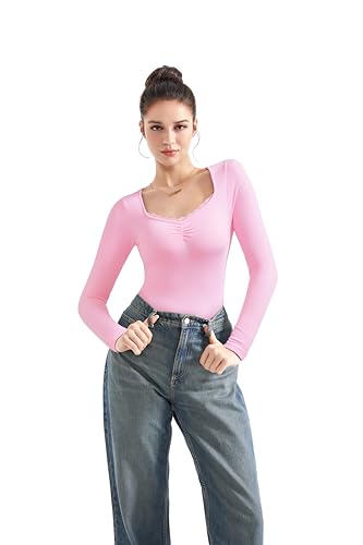 Image of SUUKSESS Women Sweetheart V Neck Long Sleeve Tops Lace Trim Ribbed Modal Fall Going Out Shirts