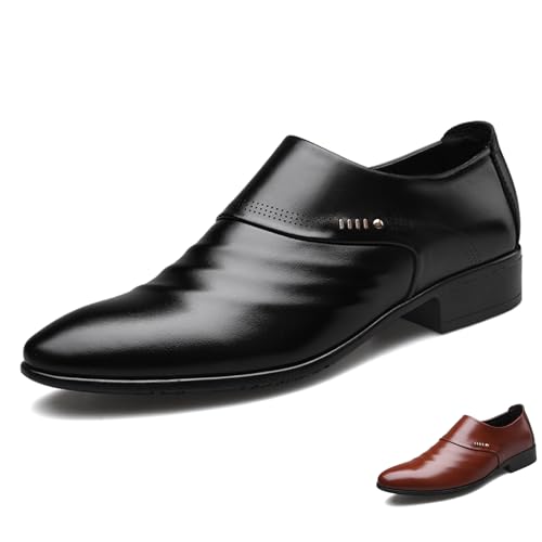 Men's Leather Slip On Dress Loafers with Metal Decoration Fashion Pointed Toe Low Top Punched Brogues Oxford Shoes Luxury Casual Business Wedding Formal Shoes