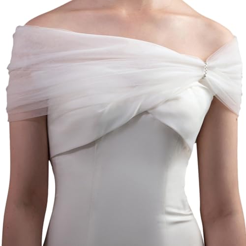 NICENEEDED Bridal Detachable Tulle Shawl, White Wedding Strapes Puffy Dress Scarf Sleeve Shawls, Removable Shoulders Cover Up Accessory for Wedding Costume2