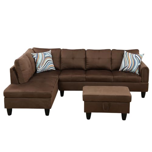 Sofá de franela color chocolate, tres plazas con diván, almacenamiento integrado, cojines extraíbles, base de madera, ahorra espacio