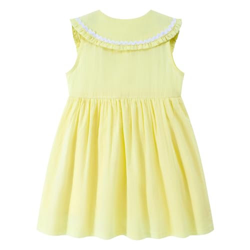 Image of HILEELANG Girls Cotton Dress Sleeveless Peter Pan Collar with Pockets | Soft Cotton, Functional Buttons, Front Pockets, Peter Pan Collar, Ric Rac Trim for Toddler & Little Girls