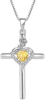 FJ Cross Necklace for Women 925 Sterling Silver Birthstone Rose Flower Necklace Jewellery Gifts for Women Mom Wife Girls Her
