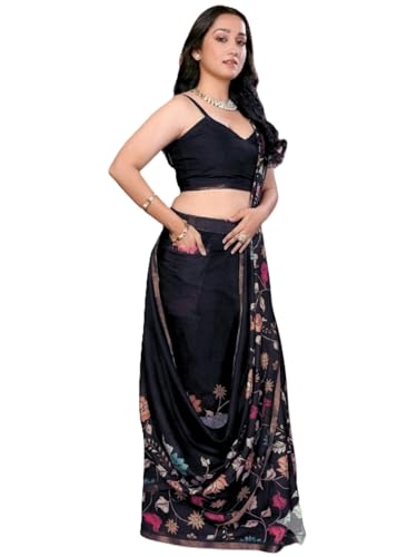 Image of SAMANTHA Black Floral Print Ready to Wear Linen Saree with Pocket & Adjustable Belt