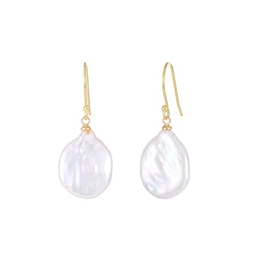 Image of JaruJaru Baroque Freshwater Pearl Earrings, Large Ellipse Flat Pearl Drop Dangle Earrings for Women, S925 Sterling Silver Gold Plated Ear Hooks