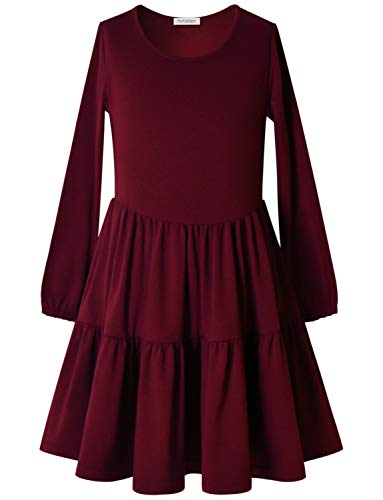 Perfashion Girls Long Sleeve Dresses Tiered Ruffle Swing Tunic Midi Dress 4-13Y