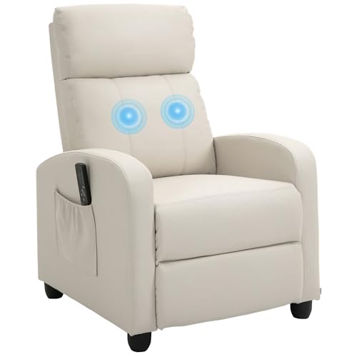 HOMCOM Sillón de Masaje Sillón Relax Reclinable con Mando a Distancia 2 Zonas de Masaje 8 Programas 5 Niveles de Intensidad 1 Bolsillo Lateral y Temporizador Tapizado en PU 68x88x98 cm Crema