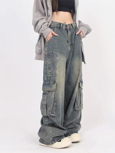 Women's Baggy Straight-Leg Cargo Jeans Men Y2k Low Rise Multi-Pocket Pants Hip-hop Street Style Distressed Harajuku Clothing3