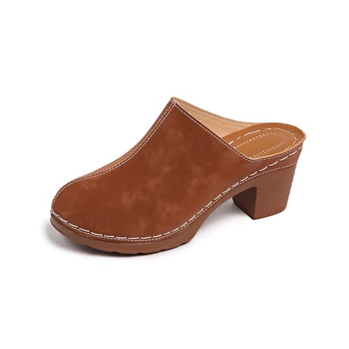 Générique Sandales Femme Été Bois Et Cuir, Orthopédiques Chaussures Pieds Nus Fermées À L'avant, Légères Et Respirantes Avec À Talon Bloc Sabots De...