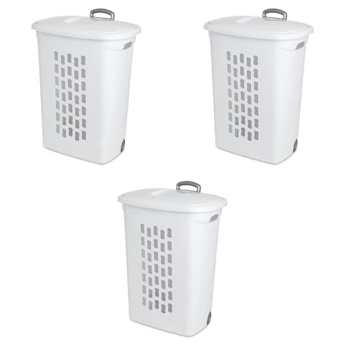 Sterilite 3-Pack Ultra Wheeled Hamper, Laundry Basket w/ Flip-Top Lid & Retractable Handle - Plastic...