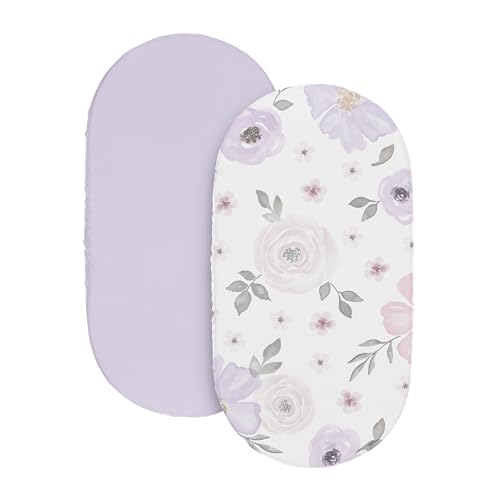 Image of Sweet Jojo Designs 2-Piece Baby Bassinet Sheets Set (Purple /Grey Boho Floral) for Girls, Infant Newborn Nursery, Oval, Rectangle & Hourglass Mattress (Lavender, Vintage Watercolor Garden, Shabby Chic)