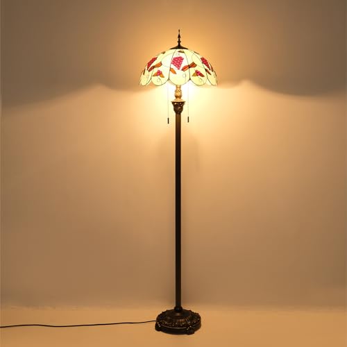 Image of Tiffany Style Floor Lamp, 16 inch Stained Glass Grapes Flower Floral Shade with Antique Bronze Base, 2-Light E26 Pull Chain Standing Reading Light for Living Room, Bedroom, 16x16x64 Inches