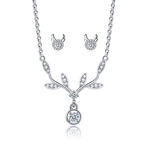 Juego de collares de plata para mujer con colgante de alce y ciervos pendientes para Navidad, cumpleaños, aniversario, regalo para ella, plata de ley Cover