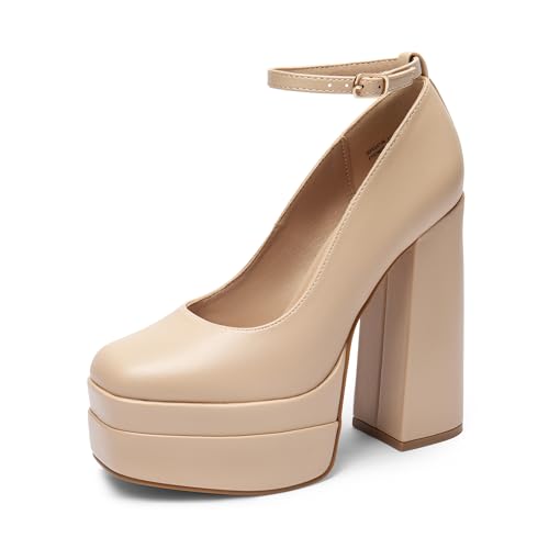 DREAM PAIRS Women's Platform High Heels Closed Toe Chunky Block Pumps Square Toe Ankle Strap Dress Fashion Party Y2K Shoes 6 Nude-pu