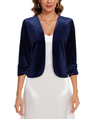 MINTLIMIT Velvet Blazers for Women 3/4 Ruched Sleeve Open Front Casual Work Office Cropped Cardigan Suit Jacket