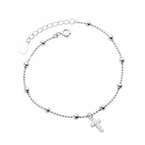 Cross Bracelet for Women 925 Sterling Silver Dainty Beaded Shiny Cross Pendant Bracelets Simple Trendy Cute Cross Charm Chain Bracelet Faith Jewelry Religious Minimalist Gifts for Teen Girls