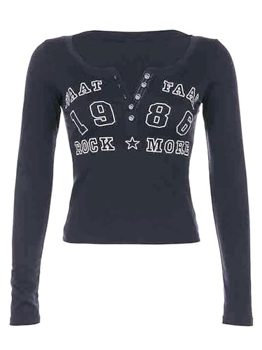 Women’s Y2K Long Sleeve Henley T Shirts Button Down Slim Fit Vintage Casual Tops Graphic Crop Tops4