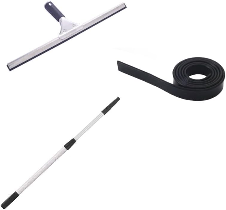 Multi-Size Choice Stainless Steel Shower Blade with Adjustable Telescopic Rod - Suitable for Wiping Sweeps Dust Remover Scraper (13.8 inch Glass Squeegee Strip, Telescopic Bar)