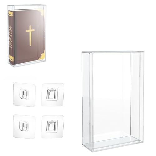 Clear Acrylic Bible Display Case with Adhesive Buckle, 10.2 x 7 x 2.4 Inch Vertical Wall Mounted & Tabletop Use Book Protector for Collectors to Display and Storage Bibles, DVDs