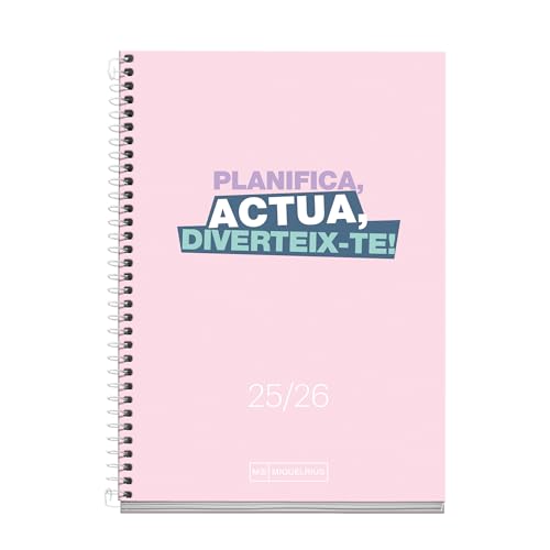 Miquelrius   Agenda Escolar 2025 2026, Planificación 10 meses: de Septiembre a Junio, Tamaño 117 x 174 mm, Semana Vista, Cubierta de Cartón Forrado, Espiral Metálico Blanco, Catalán Inglés