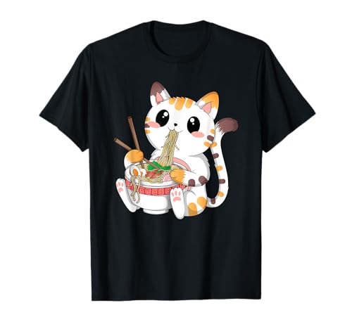 Lindo Kawaii Gato Ramen Fideos Anime Divertido Estética Japonesa Camiseta
