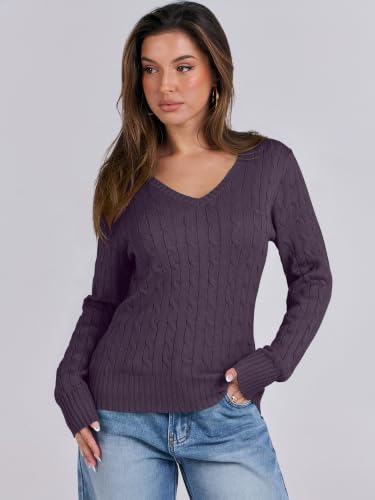 Image of ANRABESS Women's Cable Knit V Neck Fitted Sweaters