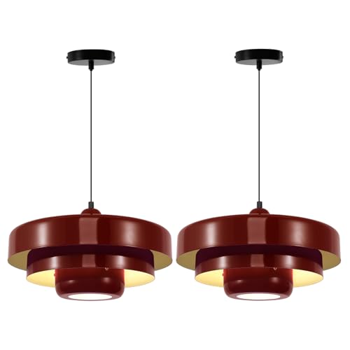 Image of 2PCS Red Pendant Lights, Nordic Flush Mount Ceiling Light with E26 Base, Adjustable Farmhouse Hanging Light for Bedroom, Pantry, Bar, Cafe