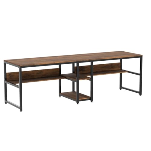Image of TEKAVO Two Person Desk I 240 CM I Two People Working Table for Office & Home I Computer Desktop Table for Home pc I Desk with Book Shelf Storage I Brown Wood I Metal I DIY