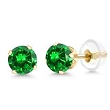 Gem Stone King 14K Yellow Gold Green Simulated Emerald Women's Stud Earrings (1.68 Cttw, 5MM Round)