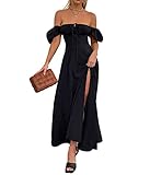 KUTUMAI Women's Summer Off Shoulder Maxi Dress Puff Sleeve A Line Flowy Ruffle Swing Split Long Dresses Black XXL