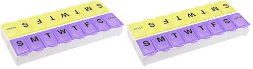 Image of EZY DOSE Weekly (14-Day) Pill Organizer, Vitamin and Medicine Box, Large Snap Compartments, Easy-to-Open, BPA Free, Purple and Yellow (Pack of 2)