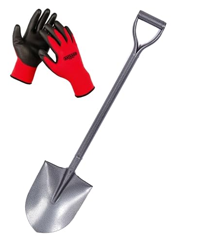 SATARGO Garden Spade, Pointed Digging Shovel, Full Metal Carbon Steel, D-Handle Design, 102 cm Length, with Work Gloves