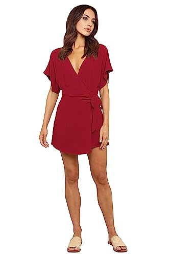 image for AIMCOO Summer Short Sleeve V Neck Wrap Rompers Elastic Waist Tie Solid