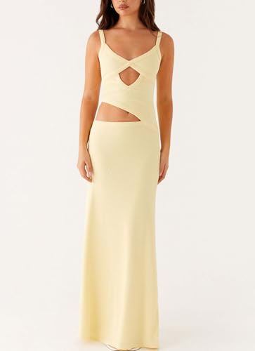 Image of Yiulangde Womens Elegant Spaghetti Strap Maxi Dress Backless Cut Out Bodycon Summer Cami Dress Sexy Formal Cocktail Dresses
